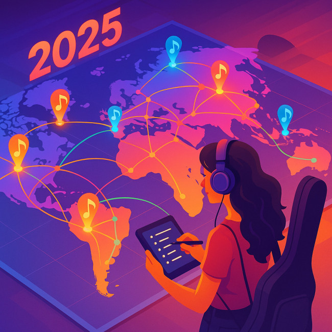 illustrated world map with tour routes and a singer planning