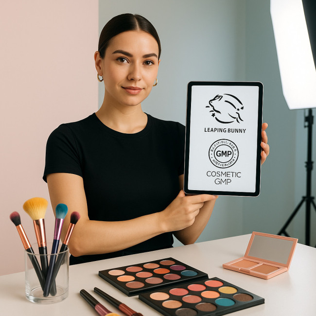 makeup artist presenting cosmetic safety badges on a tablet