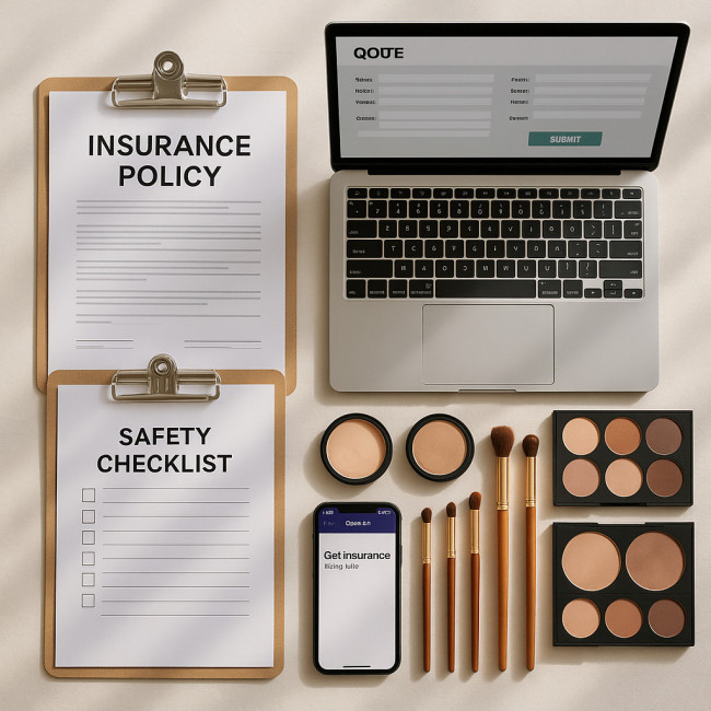 Flat lay of makeup artist desk planning insurance