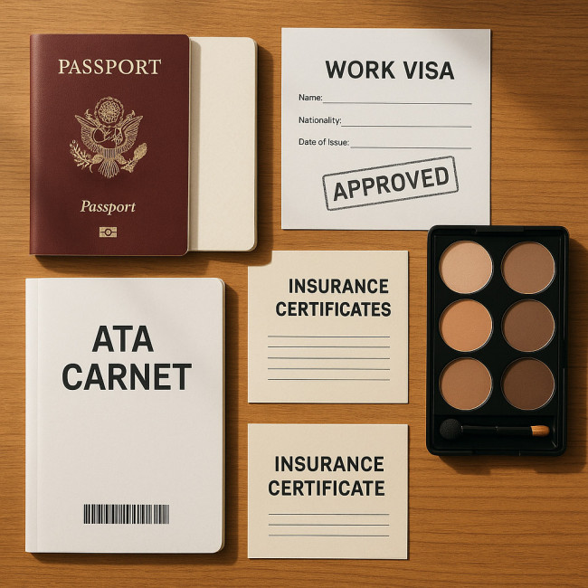 Flat-lay of passport, visa and makeup kit
