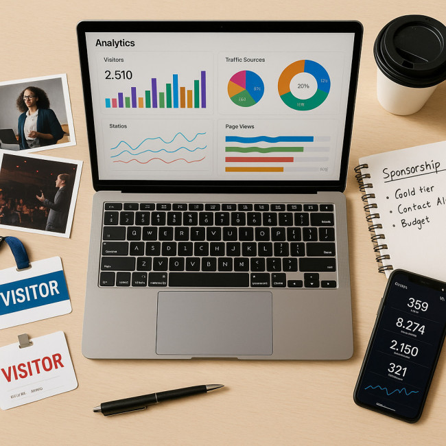 Analytics dashboard with exhibition materials on a desk