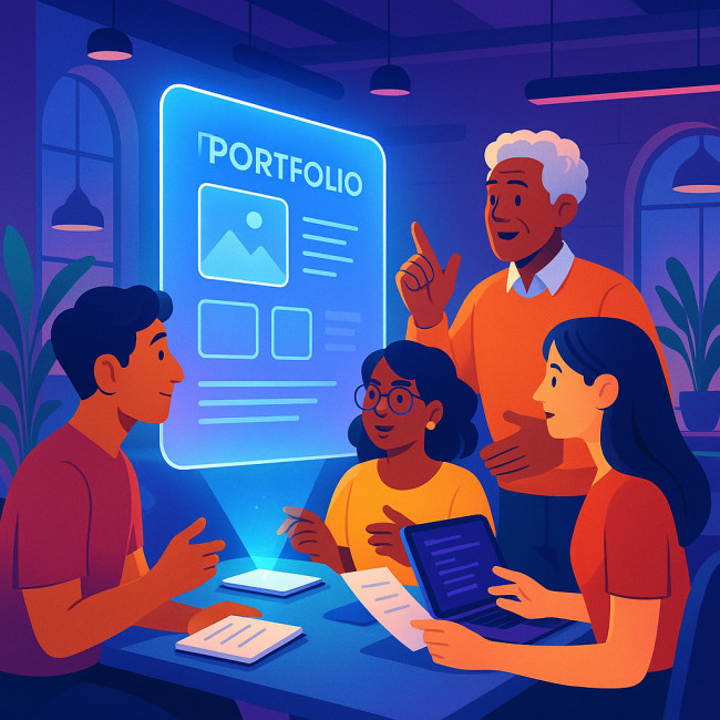 Illustration depicting creatives receiving feedback from mentor and peers
