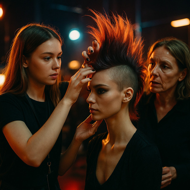 Junior hairstylist with mentor creating sculptural mohawk backstage runway