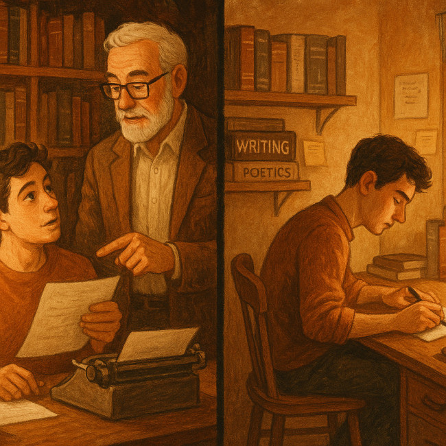 Illustration contrasting mentorship and self-study paths for writers
