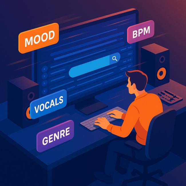 isometric illustration of a music supervisor filtering soundtrack vocal files with metadata tags
