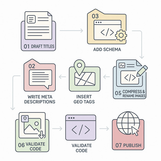 Illustrated flowchart of architect portfolio metadata optimisation steps