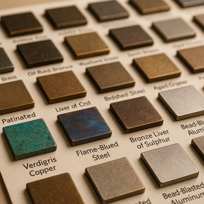Assorted metal patina sample chips on a board