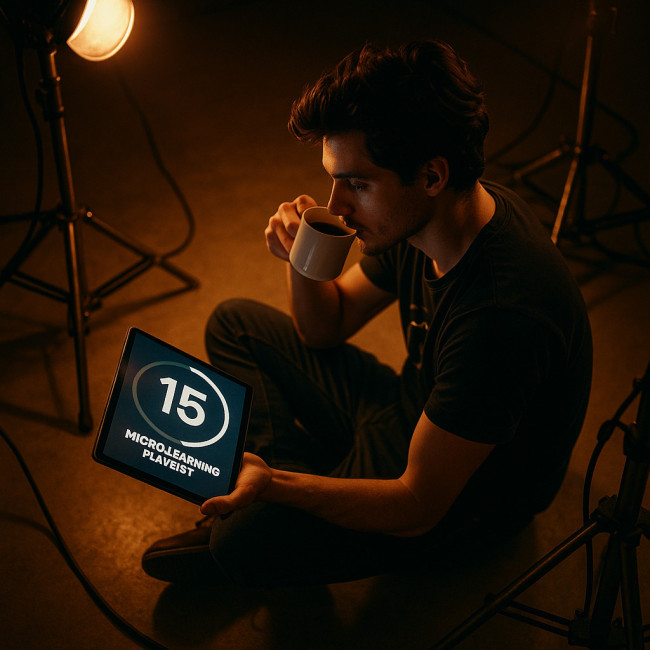 cinematographer viewing a 15-minute micro-learning playlist on a tablet during a shooting break