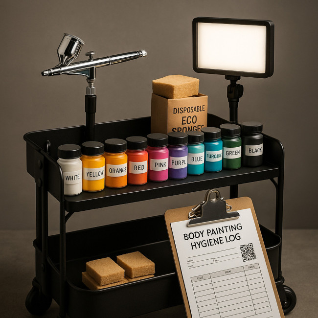 Mobile body-painting toolkit on rolling cart