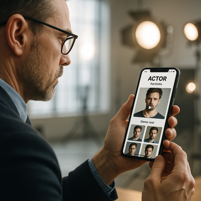 Casting agent viewing mobile-first actor portfolio on phone