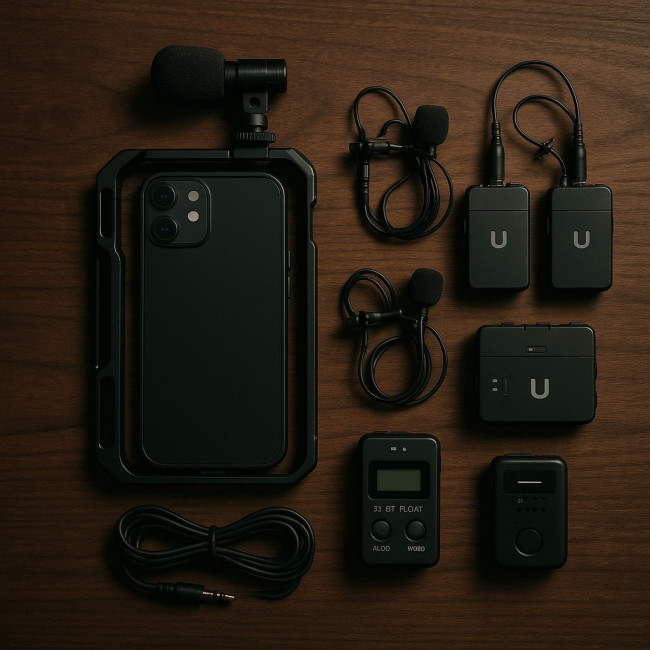 flat lay of mobile interview sound gear