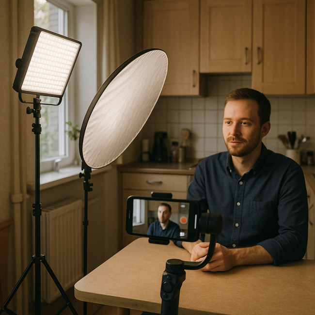 compact mobile interview lighting setup with LED panel and reflector