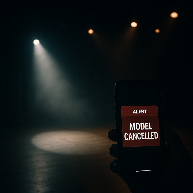 stage illuminated after model cancellation alert