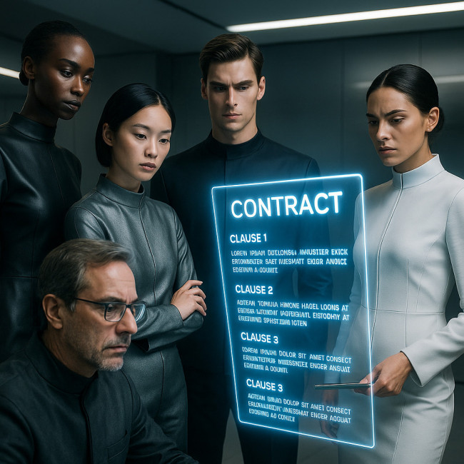 Models and clients reviewing holographic contract in modern studio