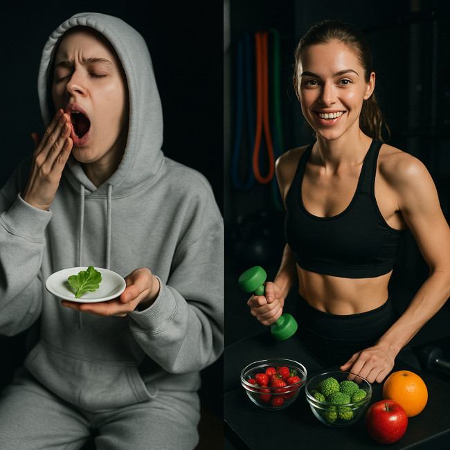 Tired model with tiny meal contrasted with vibrant workout scene