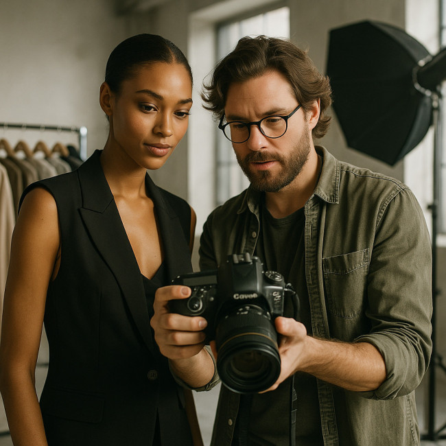 Model and photographer reviewing images in studio