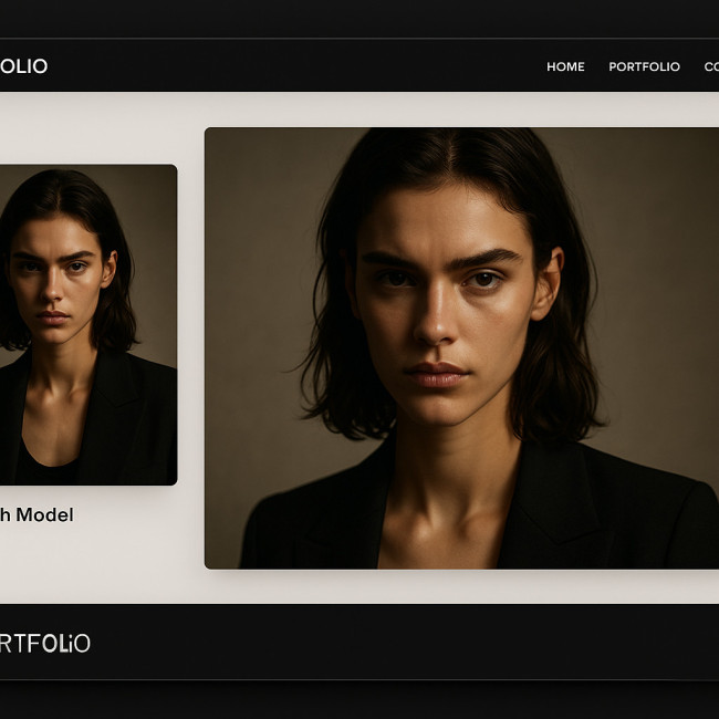 High-contrast model hero image in portfolio