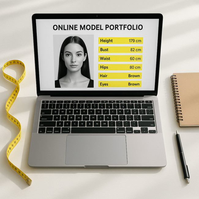 laptop showing model profile with inclusive sizes