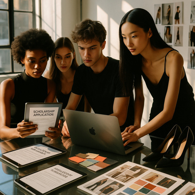 Aspiring models collaborate on scholarship applications in a bright studio
