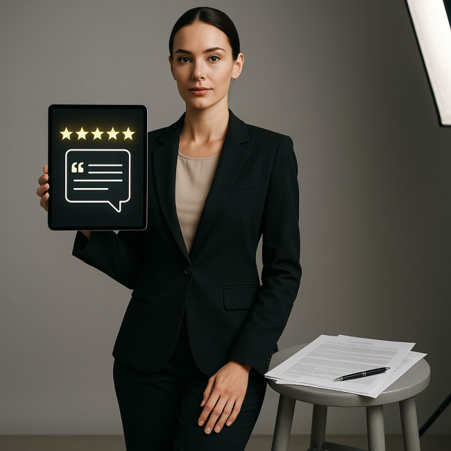 Model holding tablet that shows a five-star testimonial