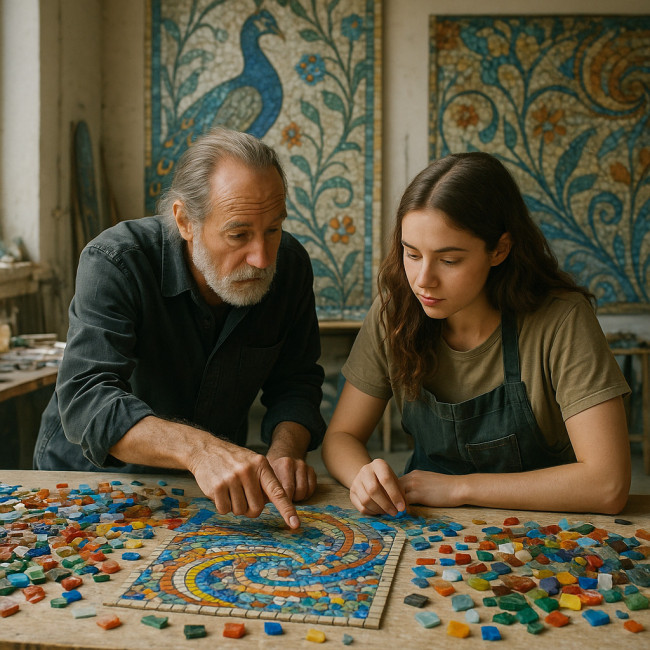 Mentor guiding a young mosaic artist in a vibrant studio