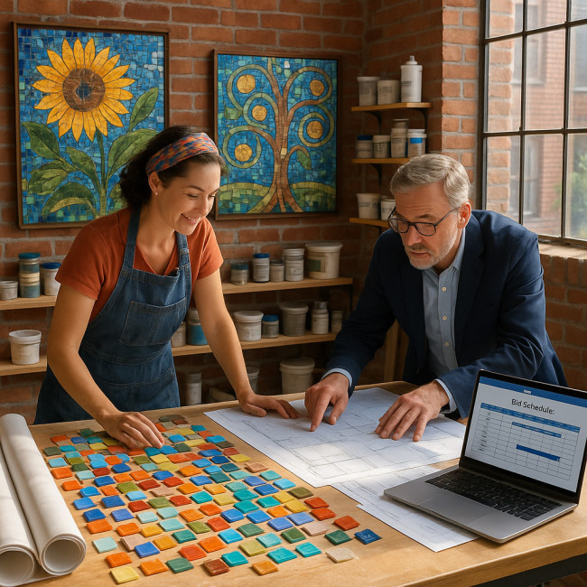 mosaic artist and architect planning a public art bid