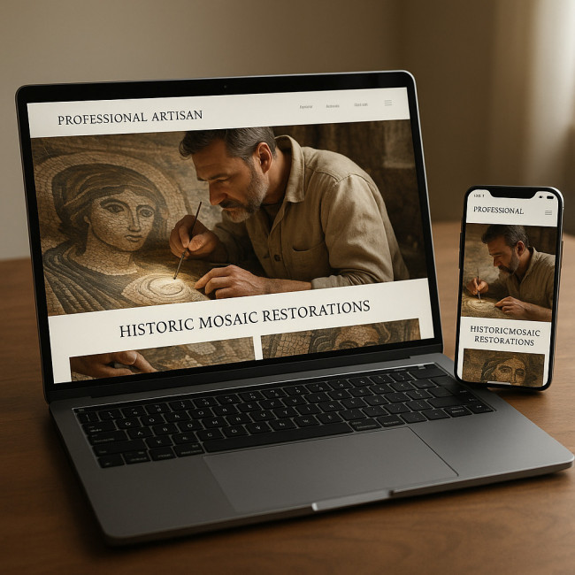 Laptop screen showing mosaic restoration portfolio