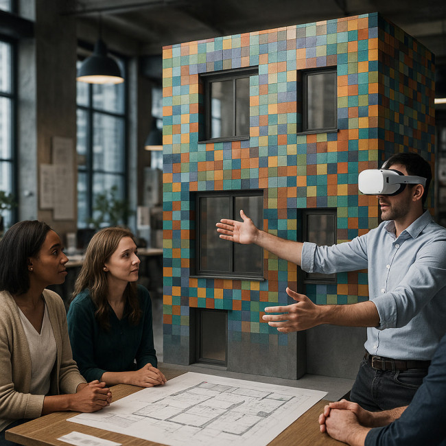 Architect showing a virtual mosaic facade in VR