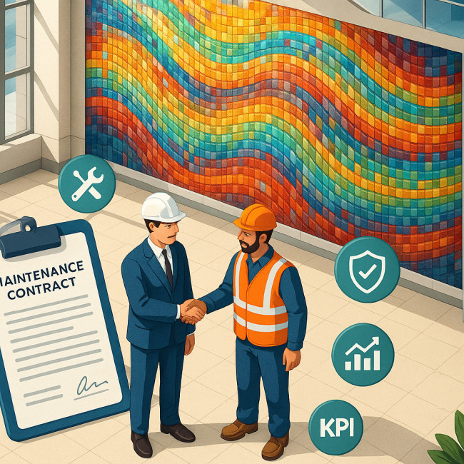 Illustration of mosaic artist and client agreeing on a maintenance clause
