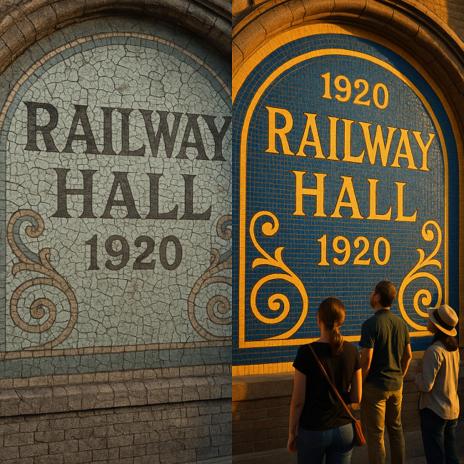 Before and after restoration of 1920s railway hall mosaic façade