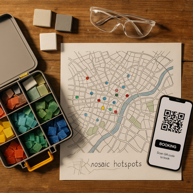 Flat lay of city map and mosaic tools
