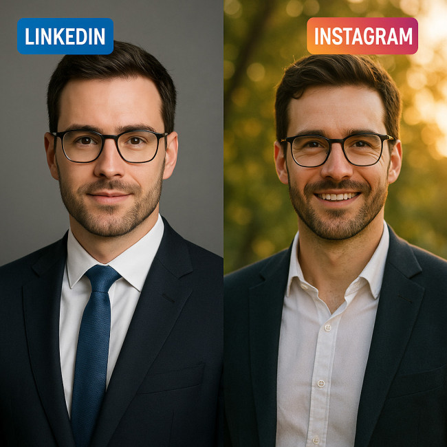 Contrast between LinkedIn studio headshot and Instagram lifestyle portrait
