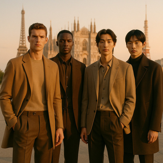 Diverse male models styled consistently across four fashion capitals