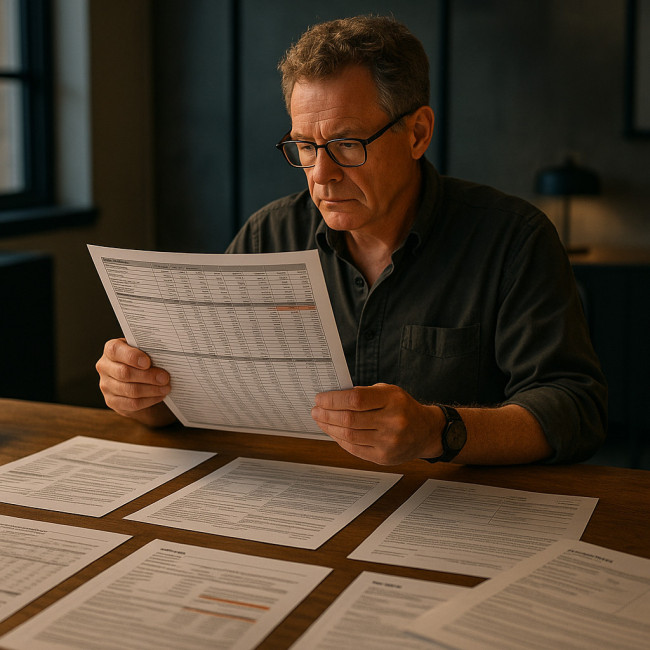 Producer reviewing multi-location shoot budget in studio