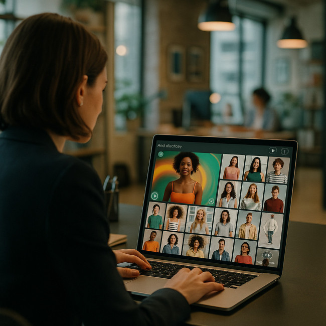Art buyer reviewing dynamic model directory on laptop
