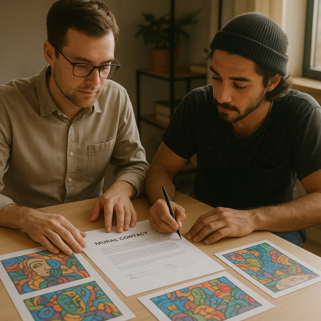Client and artist signing a mural contract