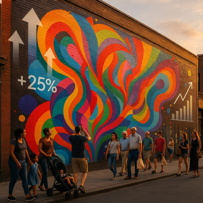 Colorful neighborhood mural attracting foot traffic