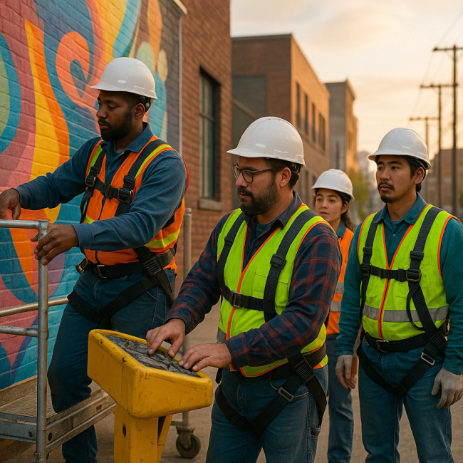 Mural crew performing safety checks on scaffold and boom lift