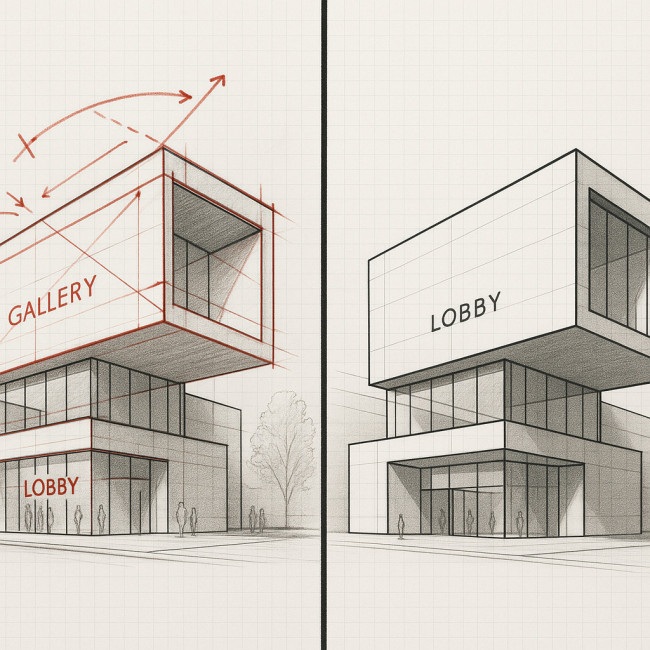 museum extension drawing before and after revision