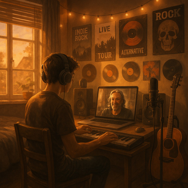 Emerging musician video chatting with mentor in home studio