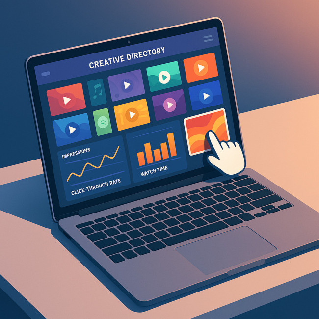 Illustration of a laptop showing music-video directory analytics