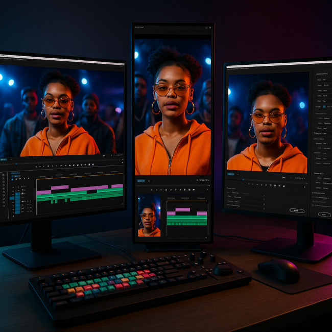 Video editing workstation displaying multi-aspect-ratio previews