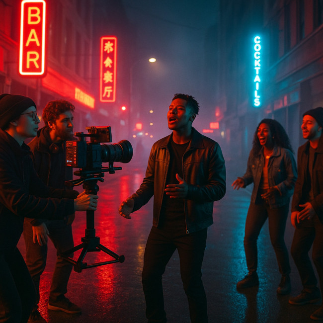 Music video crew filming on a neon-lit downtown street