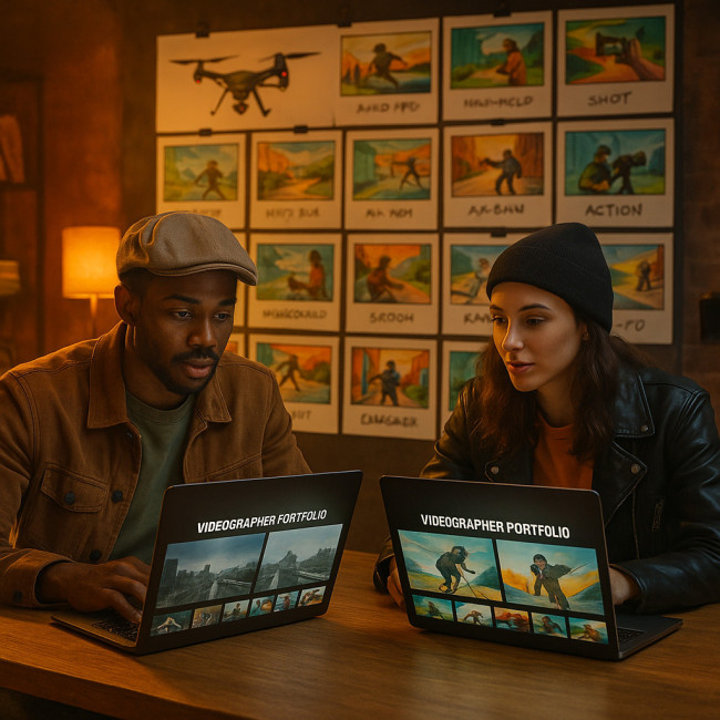 Producers browsing videographer portfolios in studio