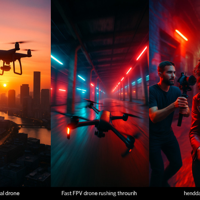 Collage of drone, FPV and handheld filming styles