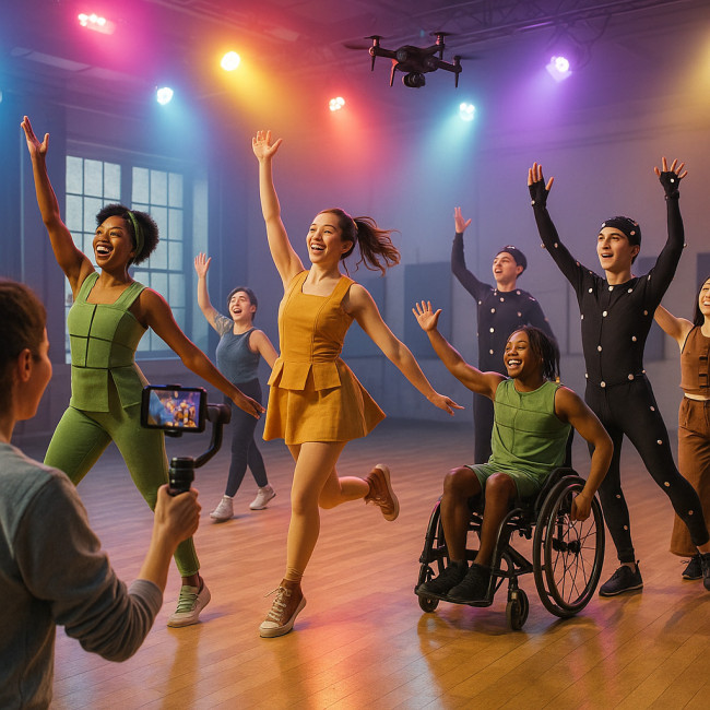 Diverse dancers rehearse 2025 musical choreography with tech and sustainable costumes