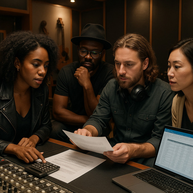 Musicians negotiating day rate in a recording studio