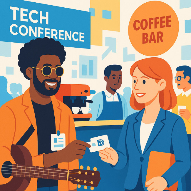 Musician exchanging NFC card with brand manager at conference