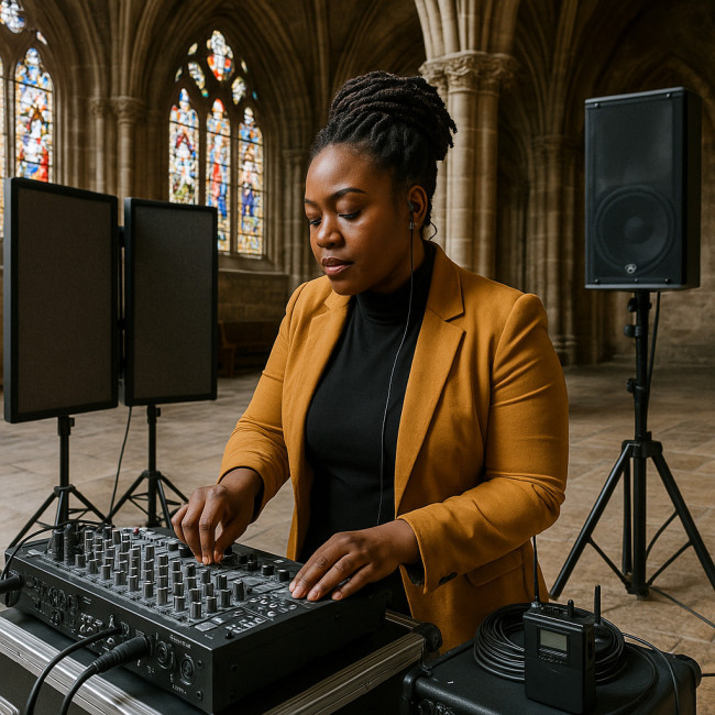 Gospel musician adjusting equipment in cathedral