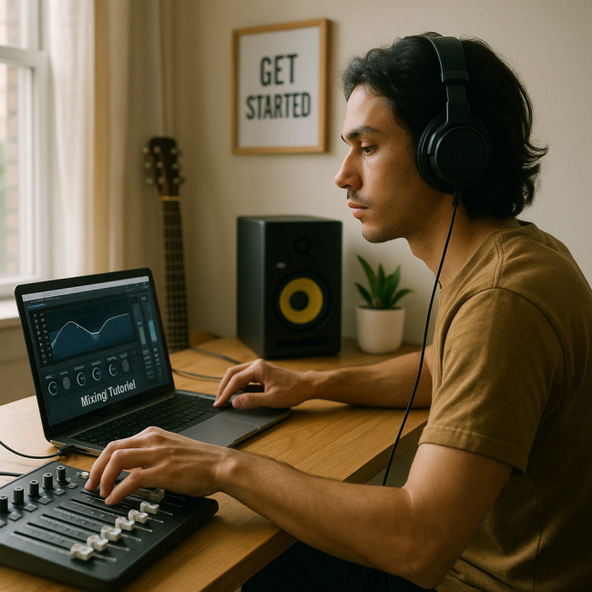 musician watches online mixing tutorial in home studio